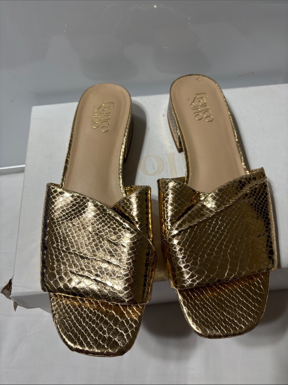 Franco Sarto Metallic Gold Snake-Embossed Slide Mules